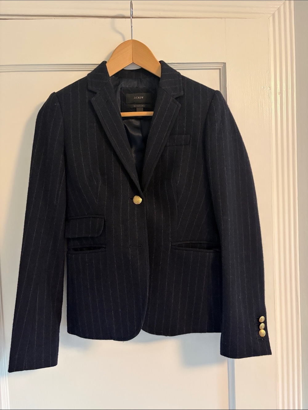 J.Crew Schoolboy Navy Pinstripe Wool Blazer Gold Crest Buttons 00